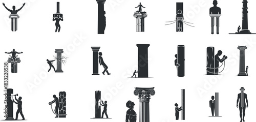 Silhouetted figures interacting with architectural columns a study in scale and perspective