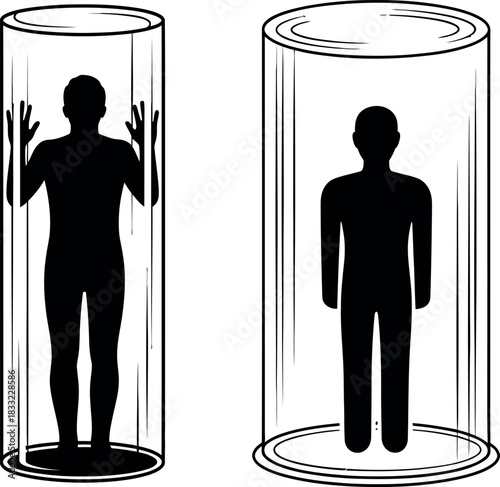 Two silhouetted figures trapped inside clear cylinders illustrating isolation and confinement