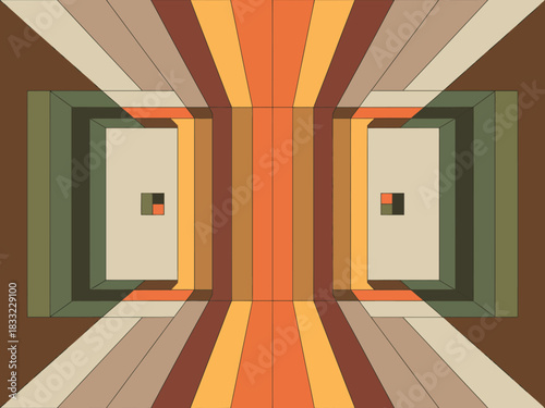 An abstract geometric composition features warm, earthy tones and optical illusion of depth with parallel lines and rectangles.