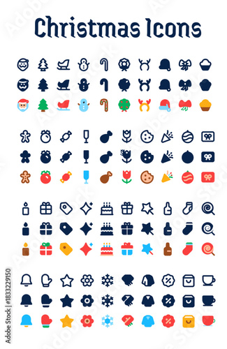 Collection of Christmas icons on white background. Christmas, New Year holidays icon big set. Flat style collection, stock Vector