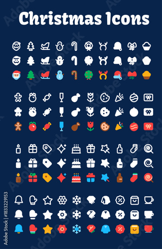 Collection of Christmas icons on white background. Christmas, New Year holidays icon big set. Flat style collection, stock Vector 