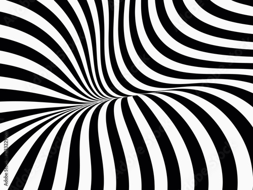 A hypnotic optical illusion with black and white stripes creates a swirling vortex effect.