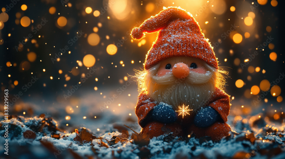 Obraz premium Cute little Christmas gnome with red hat sitting in snow holding glowing star in magical winter forest