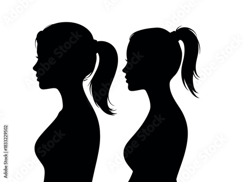 Two silhouetted women, facing left, stand side-by-side with their hair in ponytails, representing comparison or partnership.