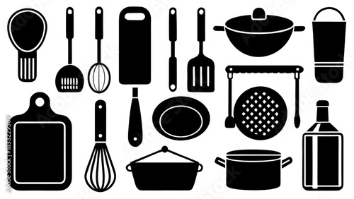 Set of black geometric icons for various kitchen and cooking utensils