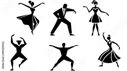 Six elegant black silhouettes of dancing people in various poses