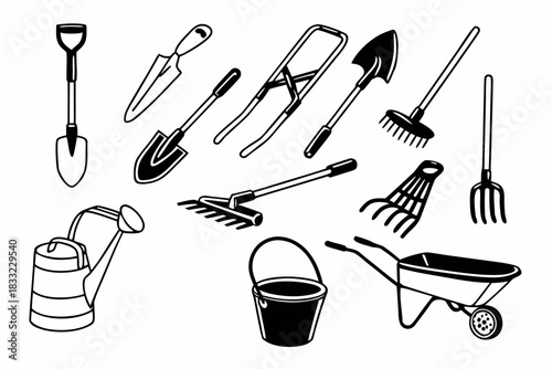 Set of 13 detailed gardening tools icons black and white vector.