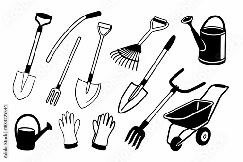 Set of garden tools icons shovel rake wheelbarrow black and white.