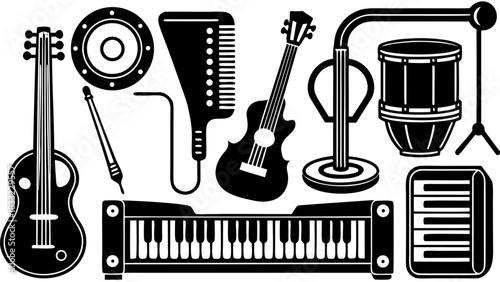 Set of 10 musical instruments icons guitar drums keyboard black and white.