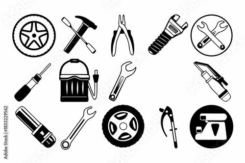 Set of 12 car maintenance repair tools icons black and white.