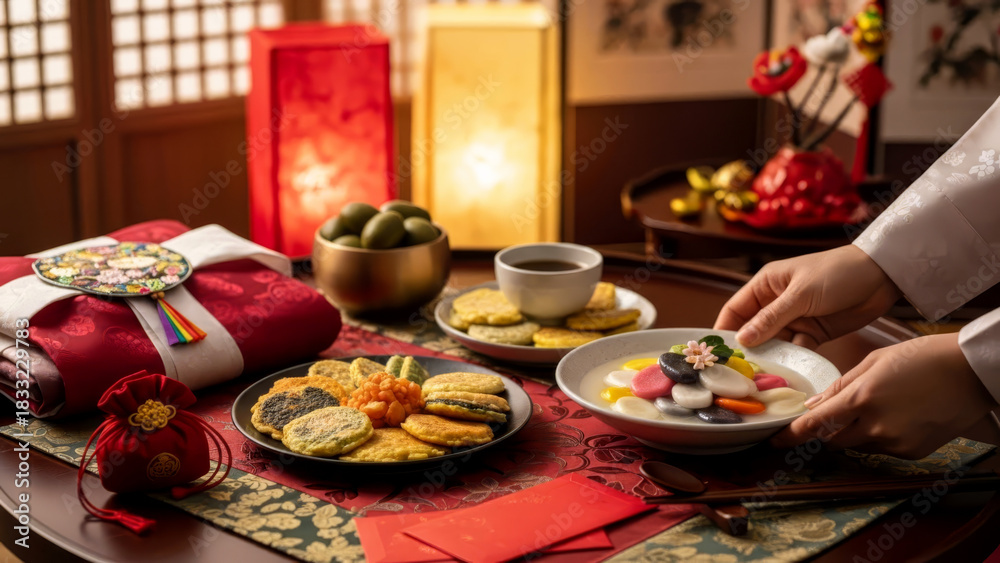 Naklejka premium Hands serving Tteokguk and Korean New Year foods, gifts, and lanterns for Seollal celebration.
