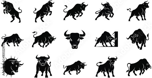 Silhouette collection of bulls in various poses for graphic design elements