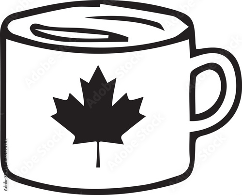 Hand drawn illustration of a coffee mug with a canadian maple leaf symbol