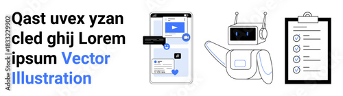 Social media, artificial intelligence, technology, productivity tools, data organization, teamwork. Smartphone with interface, robot chatbot checklist. Social media and artificial intelligence