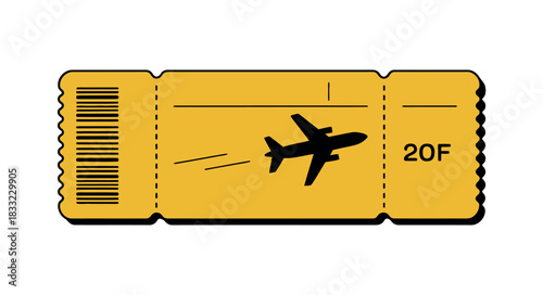 A yellow airline ticket with a silhouette of an airplane taking off is displayed on a white background.