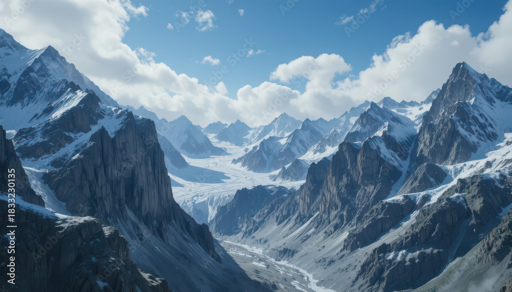 Fototapeta premium Snow capped mountain range with blue sky and white clouds