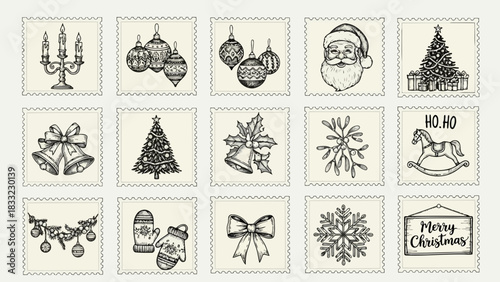 Collection of vintage hand drawn christmas holiday icons isolated on white background