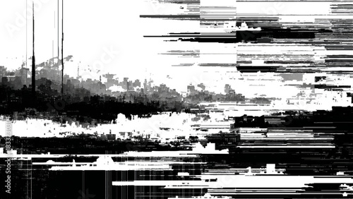 Monochromatic glitch art cityscape with abstract horizontal line distortion effect Vector, illustration