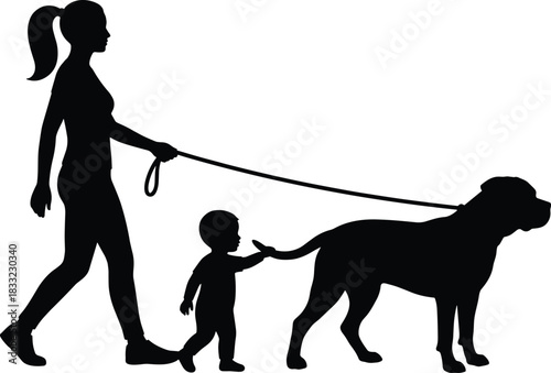 Silhouette of a woman walking a large dog on a leash while a small child follows, touching the dog's tail, representing family, safety, and companionship