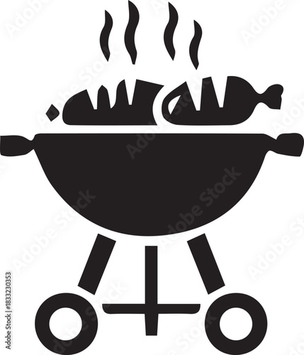Barbecue grill with steaming food icon black silhouette vector