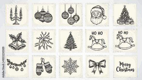 Collection of vintage hand drawn christmas holiday icons isolated on white background