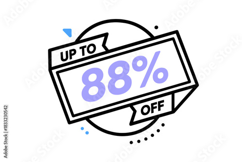 Outline style promotional badge showing up to eighty-eight percent discount for retail