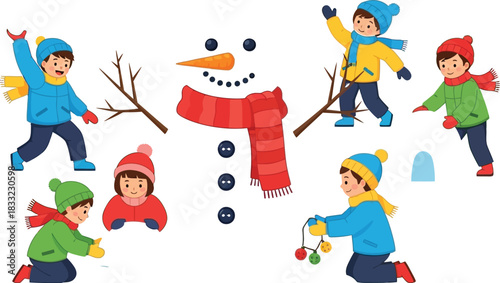 Children building a snowman and playing in the snow during the winter season