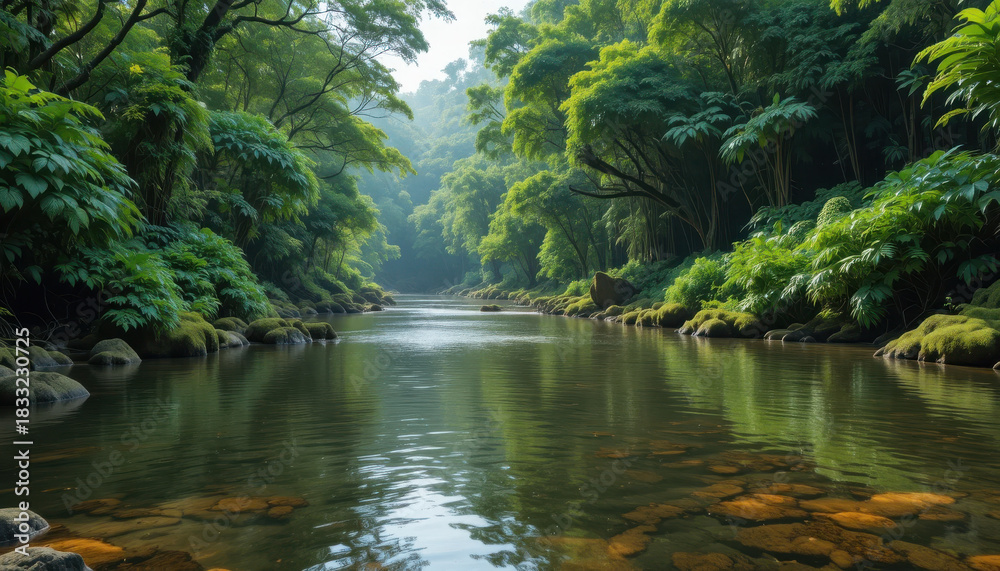 Fototapeta premium Serene river flowing through a lush green tropical forest view