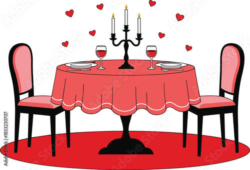 Romantic candlelight dinner table setup with wine glasses, heart decorations, elegant chairs, and tablecloth, perfect for Valentine’s Day design.
