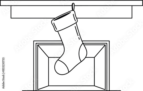 Christmas stocking hanging on a fireplace mantel in a minimalist line drawing