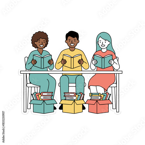 Three diverse people sitting at a table reading books with stacks of books in boxes beside them representing education and learning