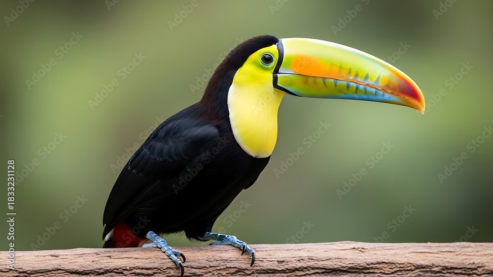 Obraz premium Vibrant Toucan Perched on Branch in Lush Rainforest.