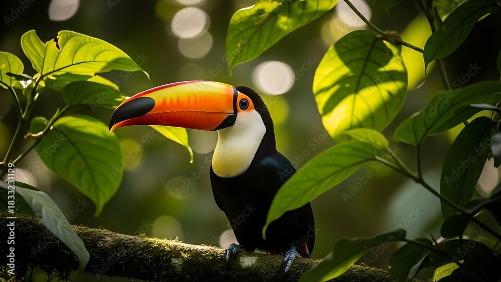Naklejka premium Vibrant Toucan Perched Among Lush Green Foliage in the Rainforest.
