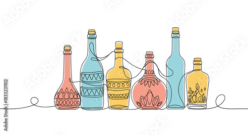 Continuous one-line drawing of various decorative bottles and vases with colorful abstract shapes on a white background.
