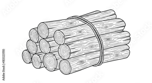 Detailed black and white line art illustration of a neatly stacked bundle of firewood tied together with a thick rope.