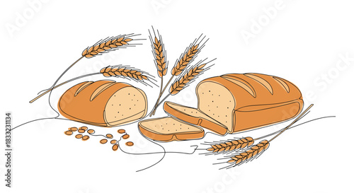 Bakery scene with sliced bread loaves and wheat ears drawn in a continuous single line style with color accents.