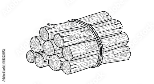 Neatly stacked pile of firewood logs tied together with rope illustrated in a clean black and white line art style.