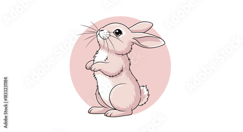 Charming illustration of a cute rabbit standing on its hind legs against a soft pink circular background.