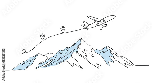 Continuous one-line drawing of an airplane flying over mountains representing travel vacation and adventure concepts.