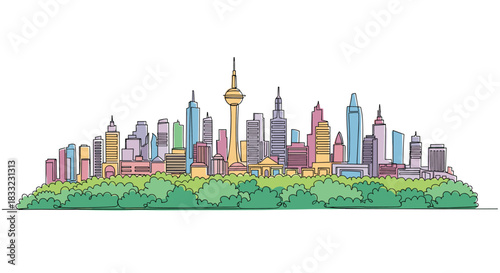 Colorful hand-drawn illustration of a modern city skyline with skyscrapers and a large green park in the foreground.
