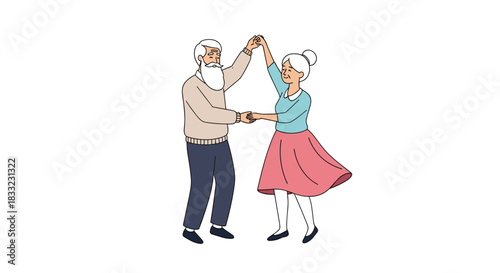 Happy elderly couple with gray hair enjoying a romantic dance together in a charming and simple vector illustration.