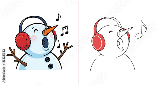Cute Cartoon Singing Snowman Vector, Christmas Caroling, Earmuffs, and Winter Holiday Mascot