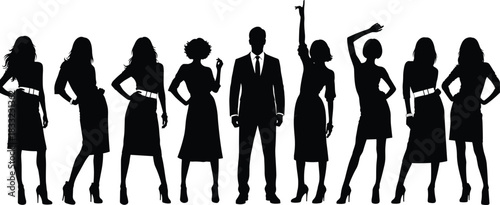 Gender diversity silhouette, professional group, man in center, women in dresses, social dynamic, black icon, minimal design, flat vector