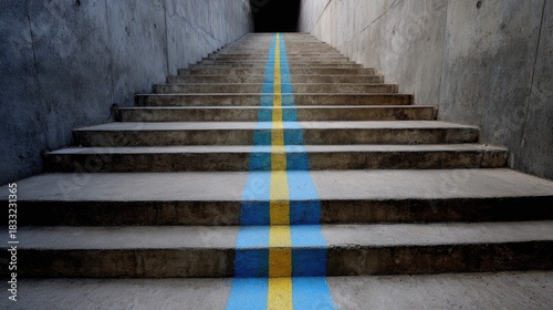 Concrete stairs upward, painted blue and yellow pathway