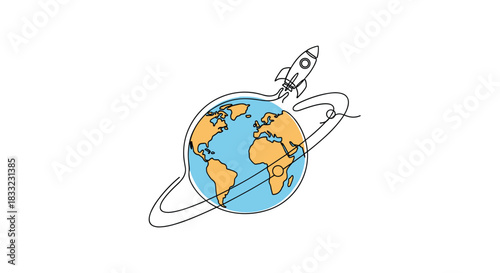 A rocket orbiting planet earth drawn in a creative continuous one-line style representing space exploration and travel.