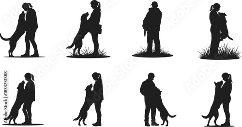 Dog affection silhouettes, human pet bonding, standing poses, leash and lift gesture, companionship scene, black figures, vector art, care theme