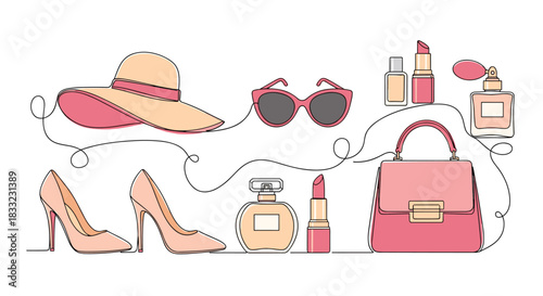 Set of women's fashion accessories including shoes a handbag perfume and sunglasses drawn in a continuous one-line style.