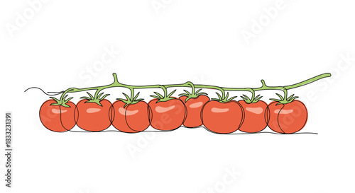 Branch of fresh red cherry tomatoes drawn in a vibrant and simple continuous single line art style.