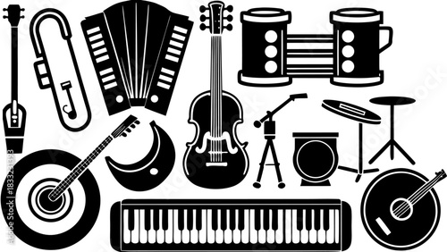 Musical Instruments Collection in Black Silhouette – Retro Music Icons Set