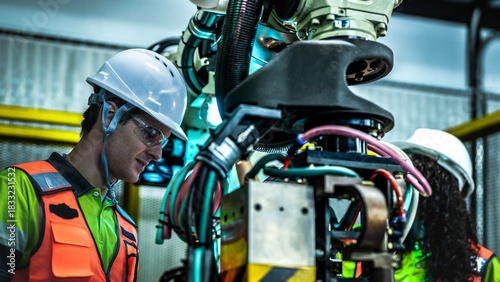 A male and female engineer in hard hats and safety vests collaborate on a high tech robotic arm. The woman holds a light while the man inspects a component in a smart factory.